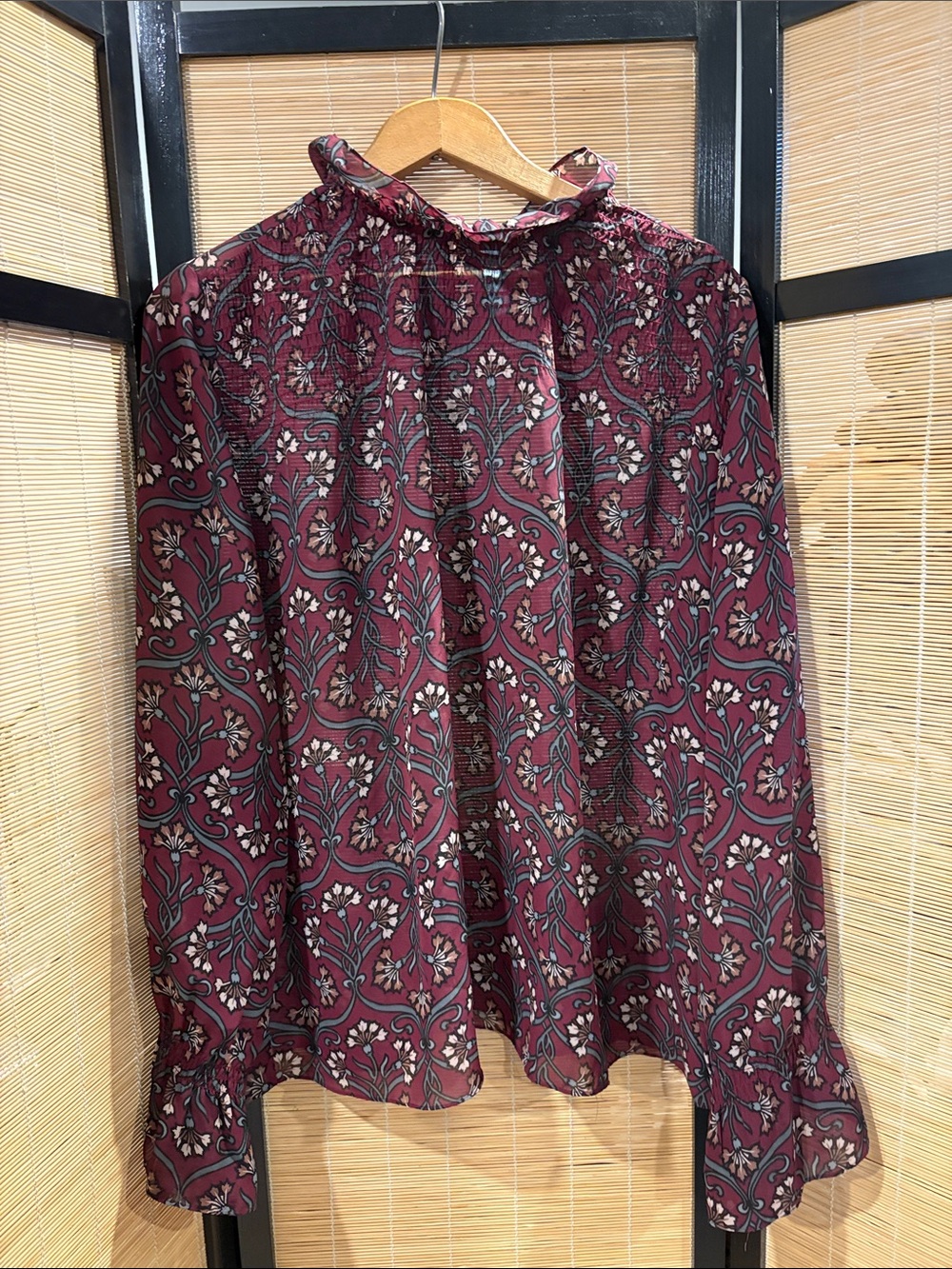 Lane Bryant Burgundy Floral Ruffled Neck Blouse